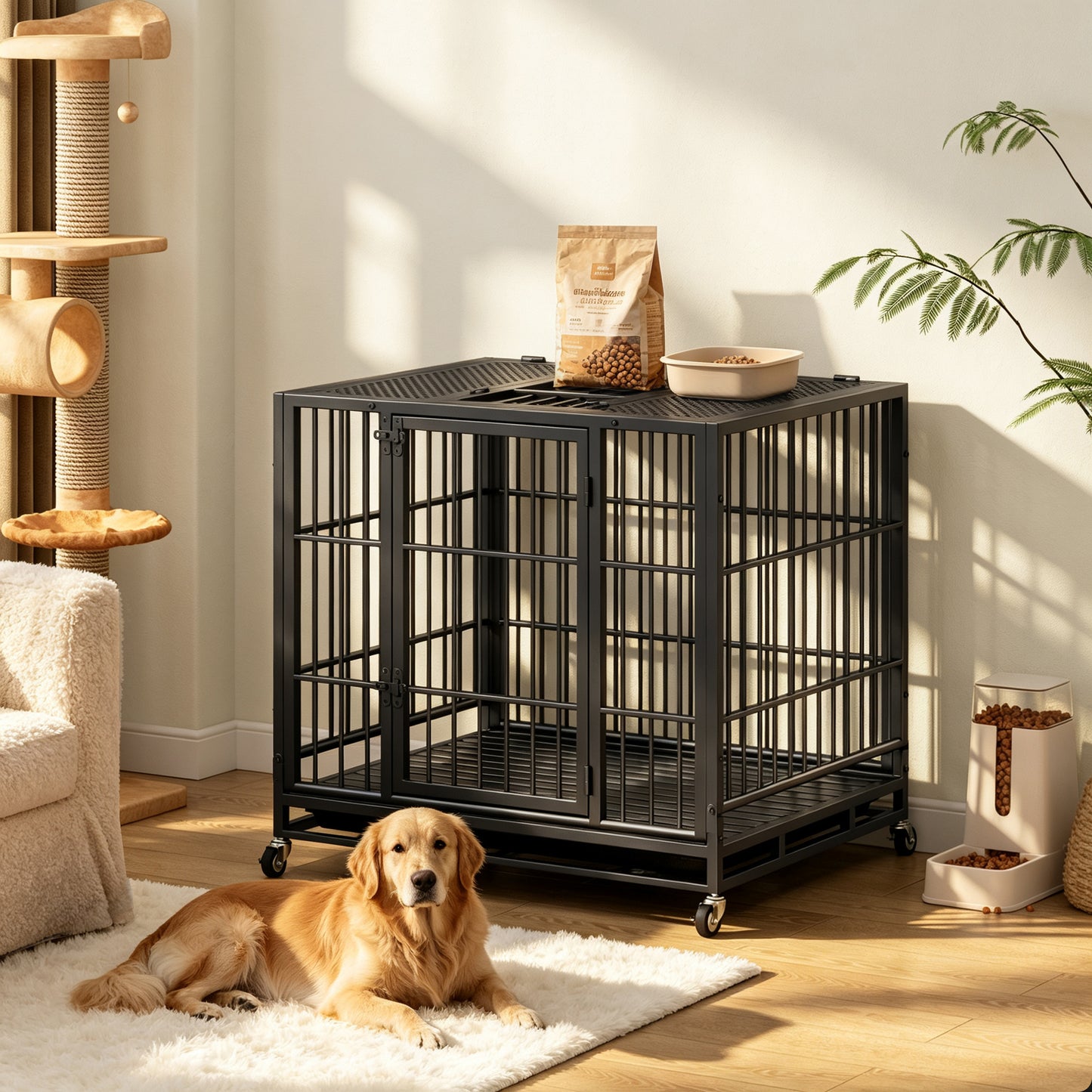 Heavy Duty Dog Crate with Lockable Wheels - Indoor Outdoor Metal Kennel, Perforated Top