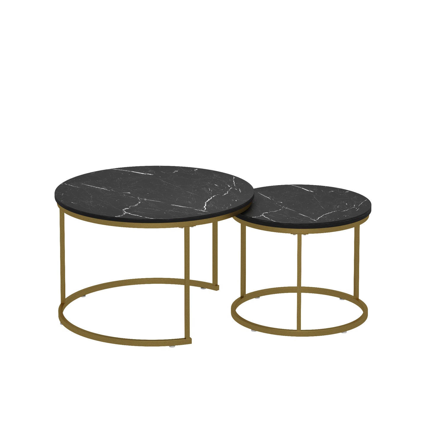 Nesting Coffee Table Set of 2 - Round Black+Gold Marble Top