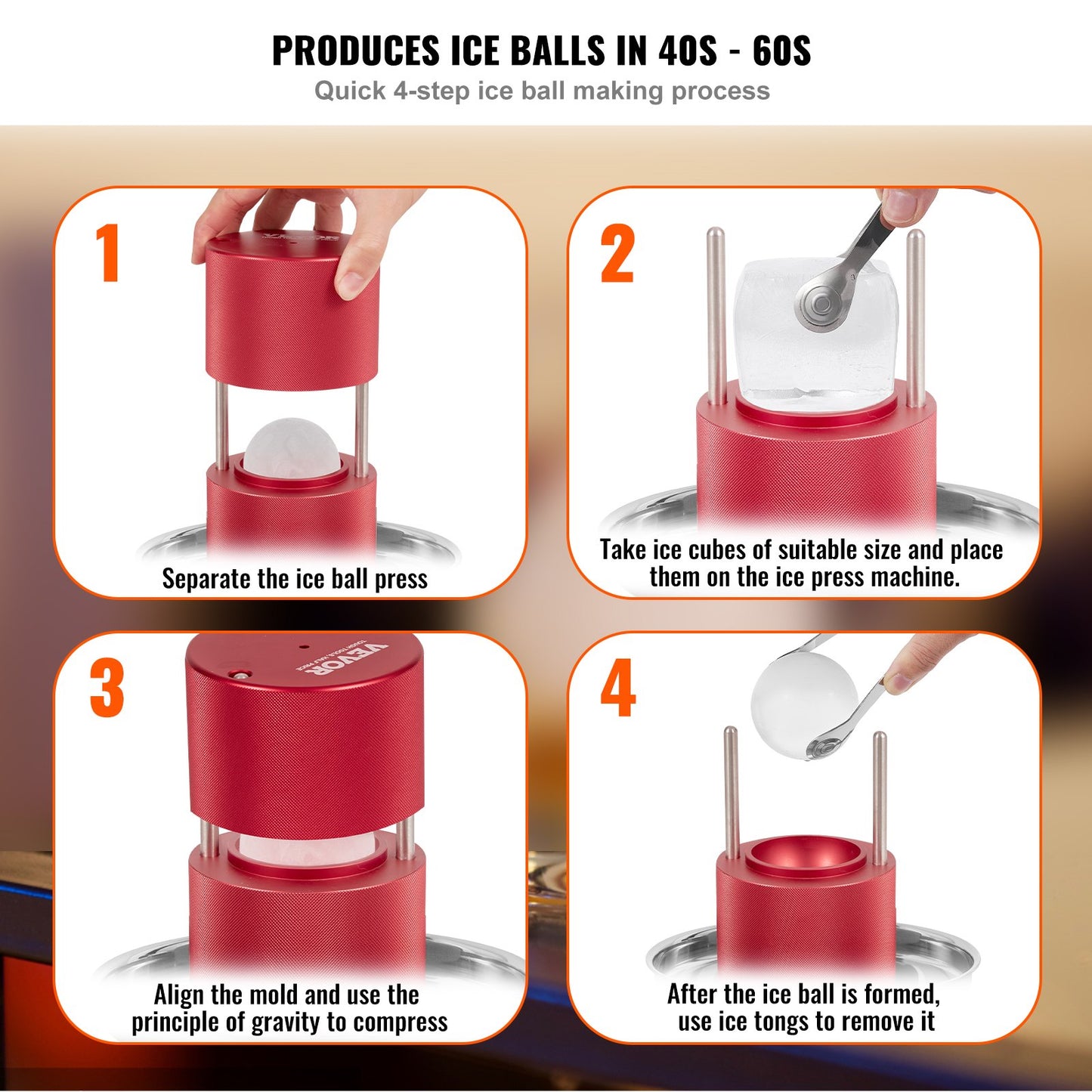 Ice Ball Press Kit - 2.4-Inch Whiskey Ice Maker with Drip Tray & Tongs - Red