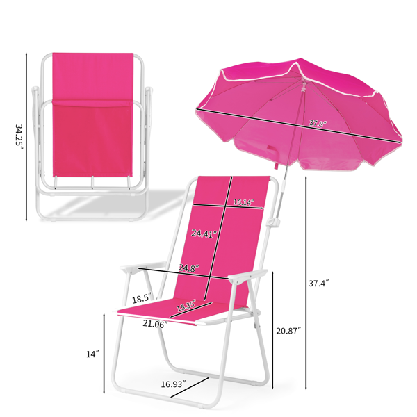 Folding Beach Chair with Detachable Umbrella - XL Size, Pink