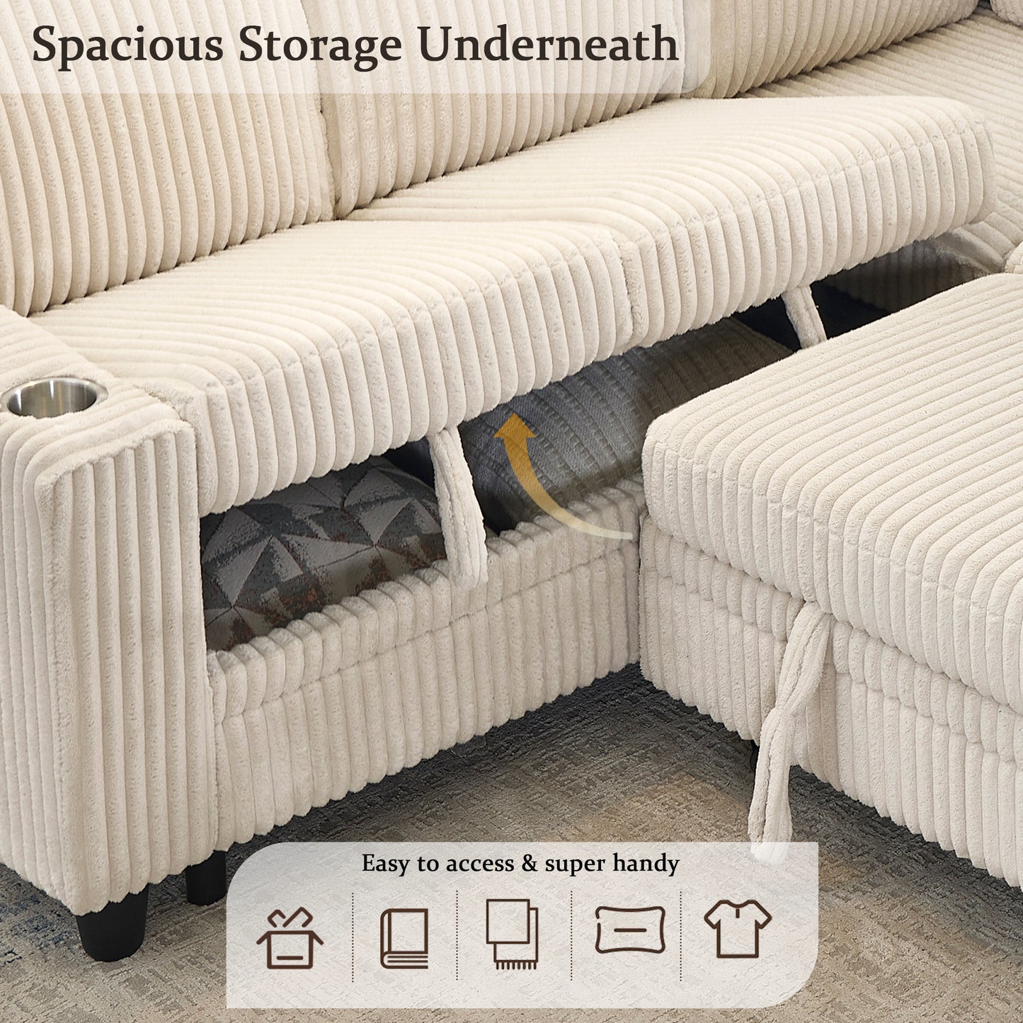 L-Shaped Sectional Sofa Bed with USB Charging & Storage - Beige