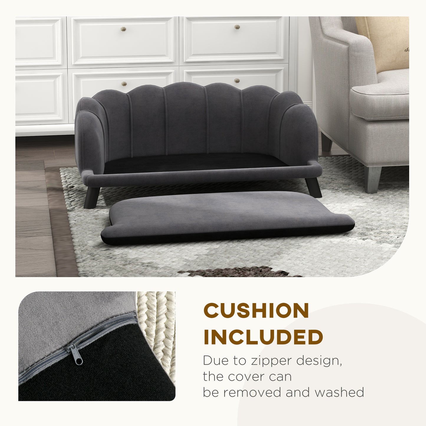 Pet Sofa Bed with Cushion & Wooden Legs - Medium & Large Dogs Charcoal Gray