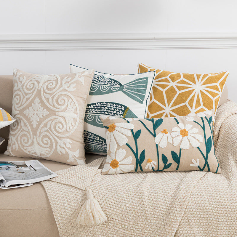 Nordic Cotton Canvas Pillow Cover with Embroidered Chain Design - Multiple Sizes & Styles