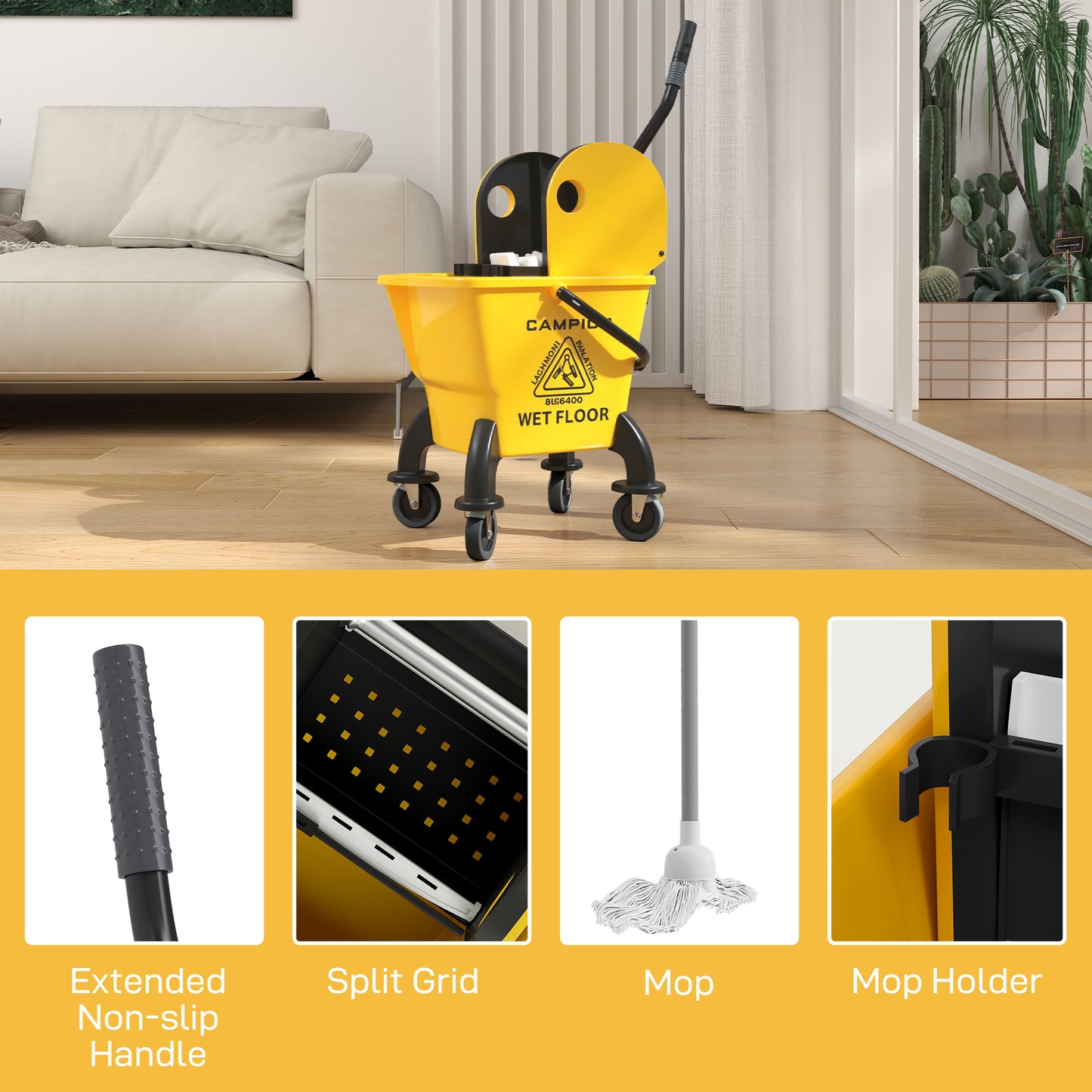Yellow Mop Bucket with Wringer and Wheels - 27.5 Quart Floor Cleaning Cart