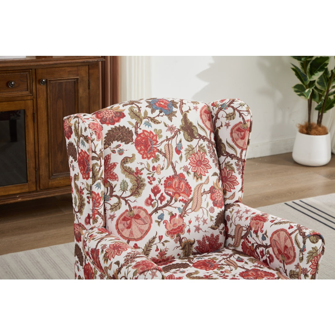 Floral Accent Chair with Retro Wood Legs - Bean Paste Red