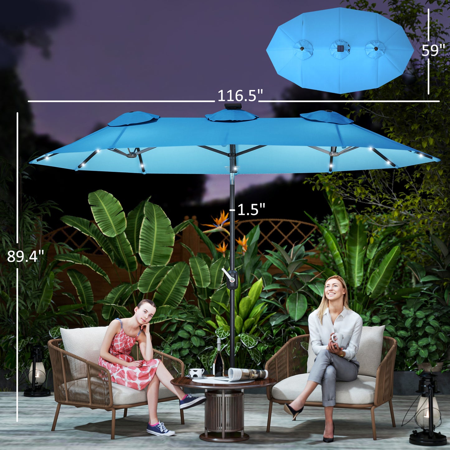 Double-Sided Outdoor Umbrella with LED Lights - Light Blue