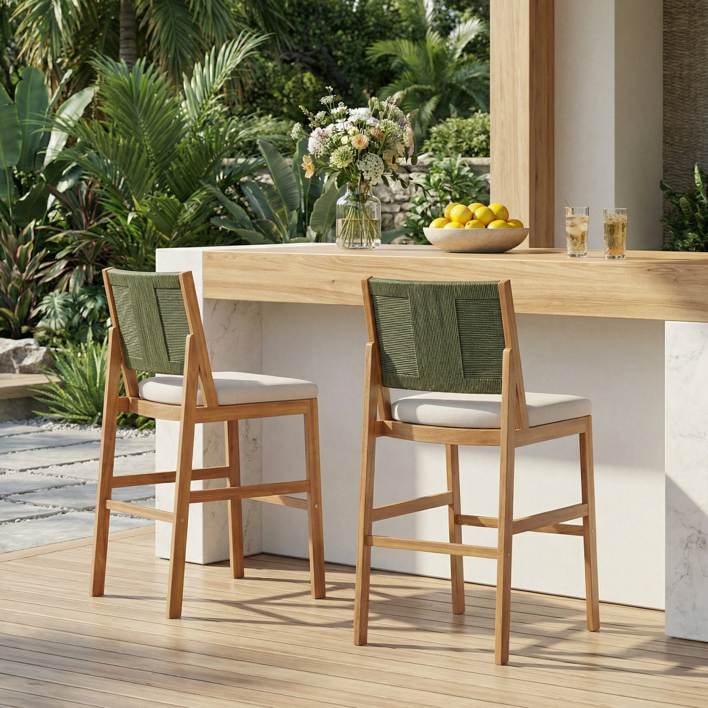 Outdoor Acacia Wood Bar Stools Set of 2 with Cream Cushion & Wicker Back