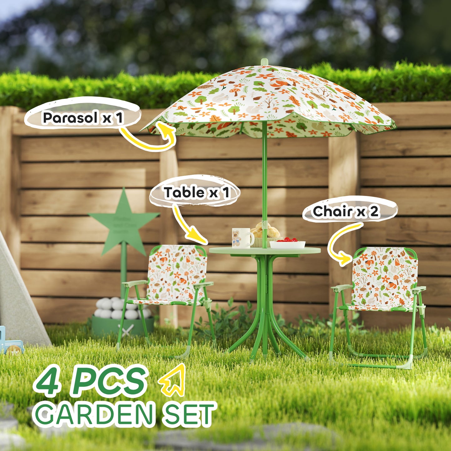 Kids Picnic Table and Chair Set with Umbrella - Green