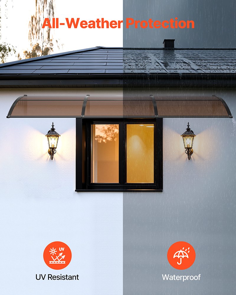 Black Polycarbonate Door Awning 38x117 Inches Rain Snow Sun Protection