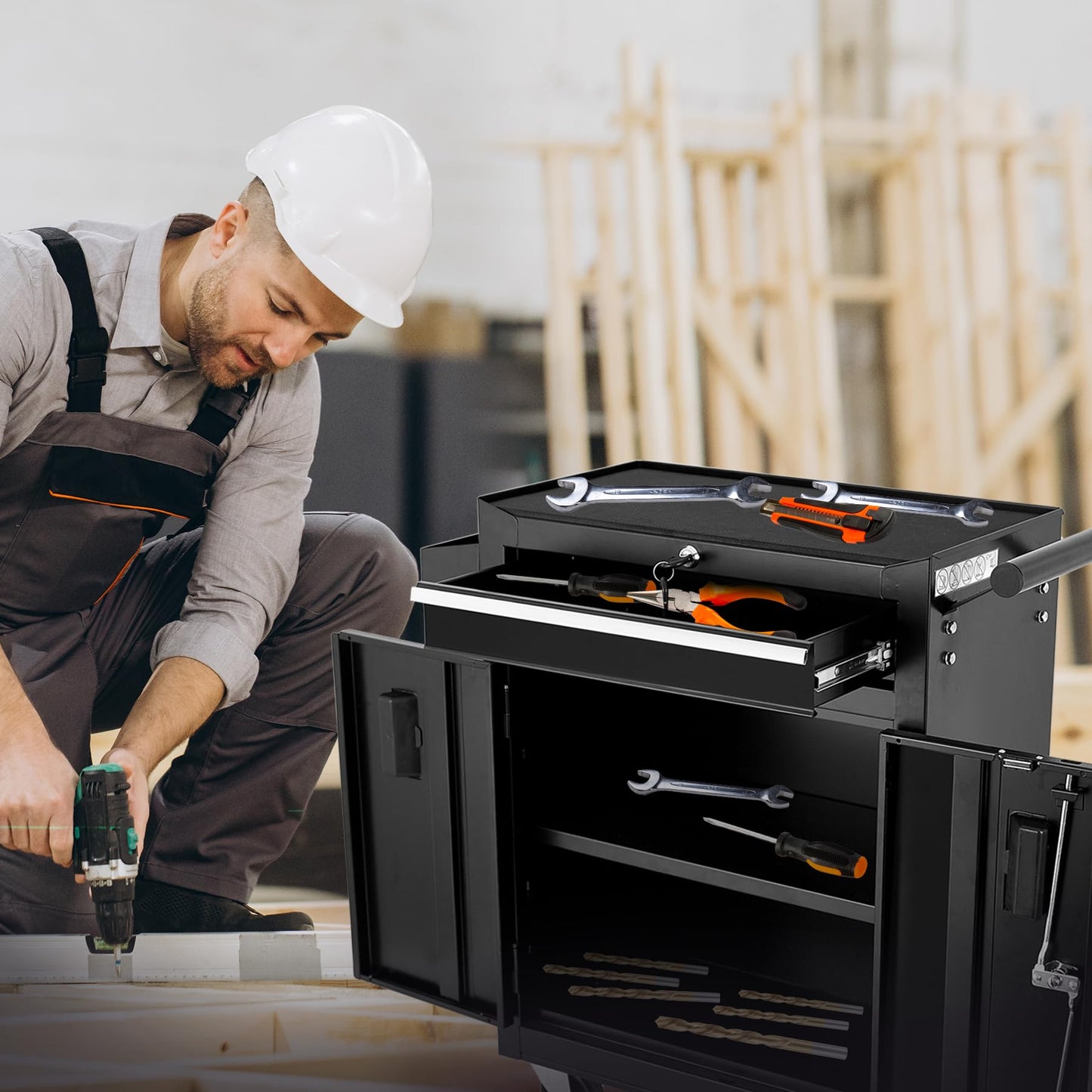 Steel Tool Chest with Drawer and Lockable Doors - Mobile Workstation