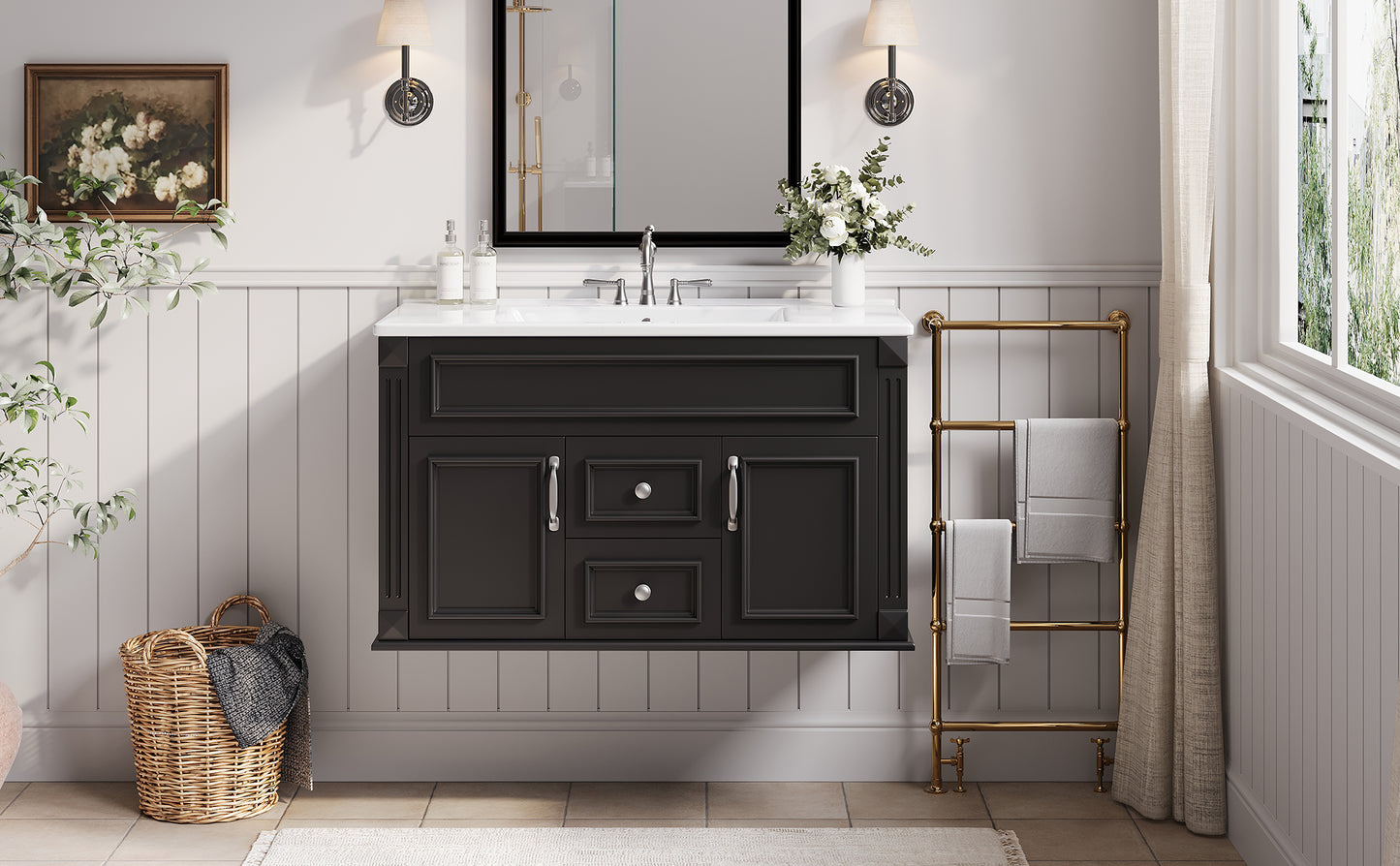 36-Inch Wall-Mounted Bathroom Vanity with Ceramic Sink - Black