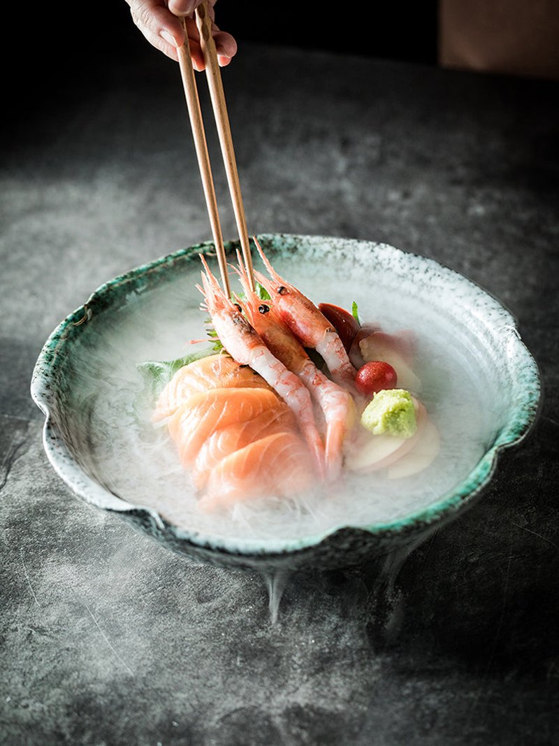 Ceramic Sashimi Plate with Dry Ice Effect - 11 Inch Seafood Dish