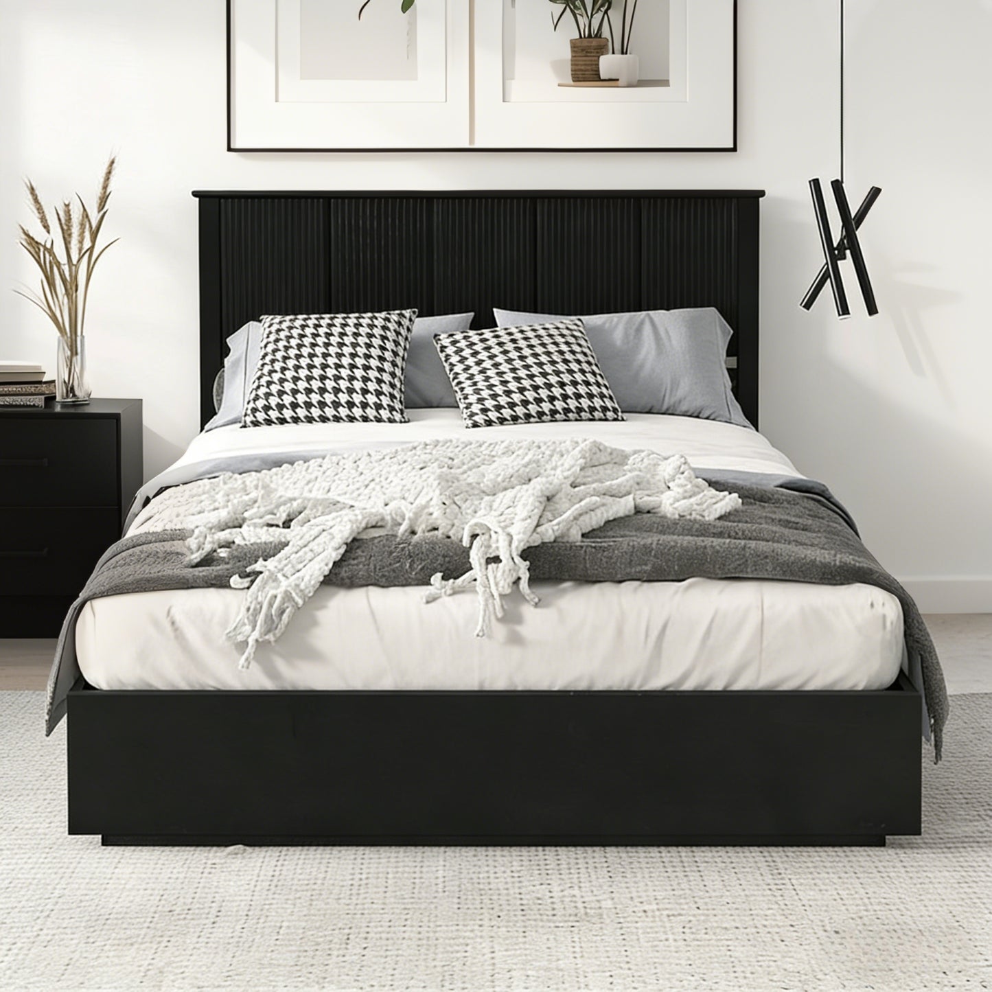 Stylish Queen Size Bed Frame - Black Solid Wood, 600lbs Capacity