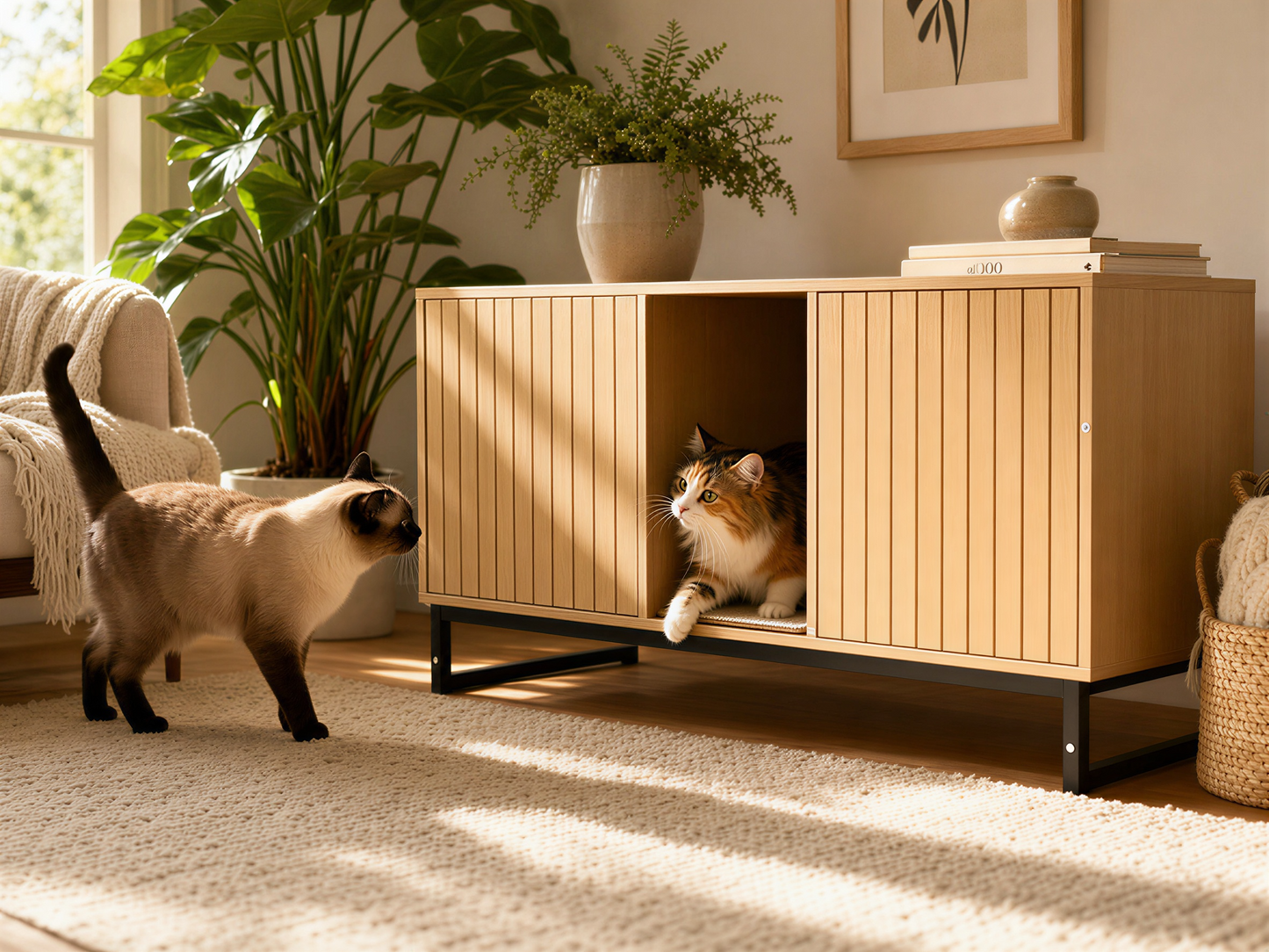 Wooden Cat House with Scratching Mat - Modern Design, Light Brown