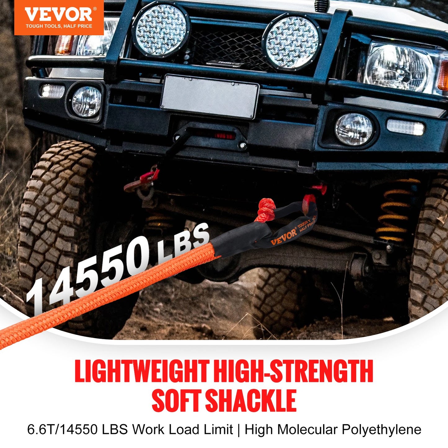 Heavy-Duty Synthetic Recovery Rope Set 2 Pack - 1/2 x 22 inches, 44,092 lbs Break Strength