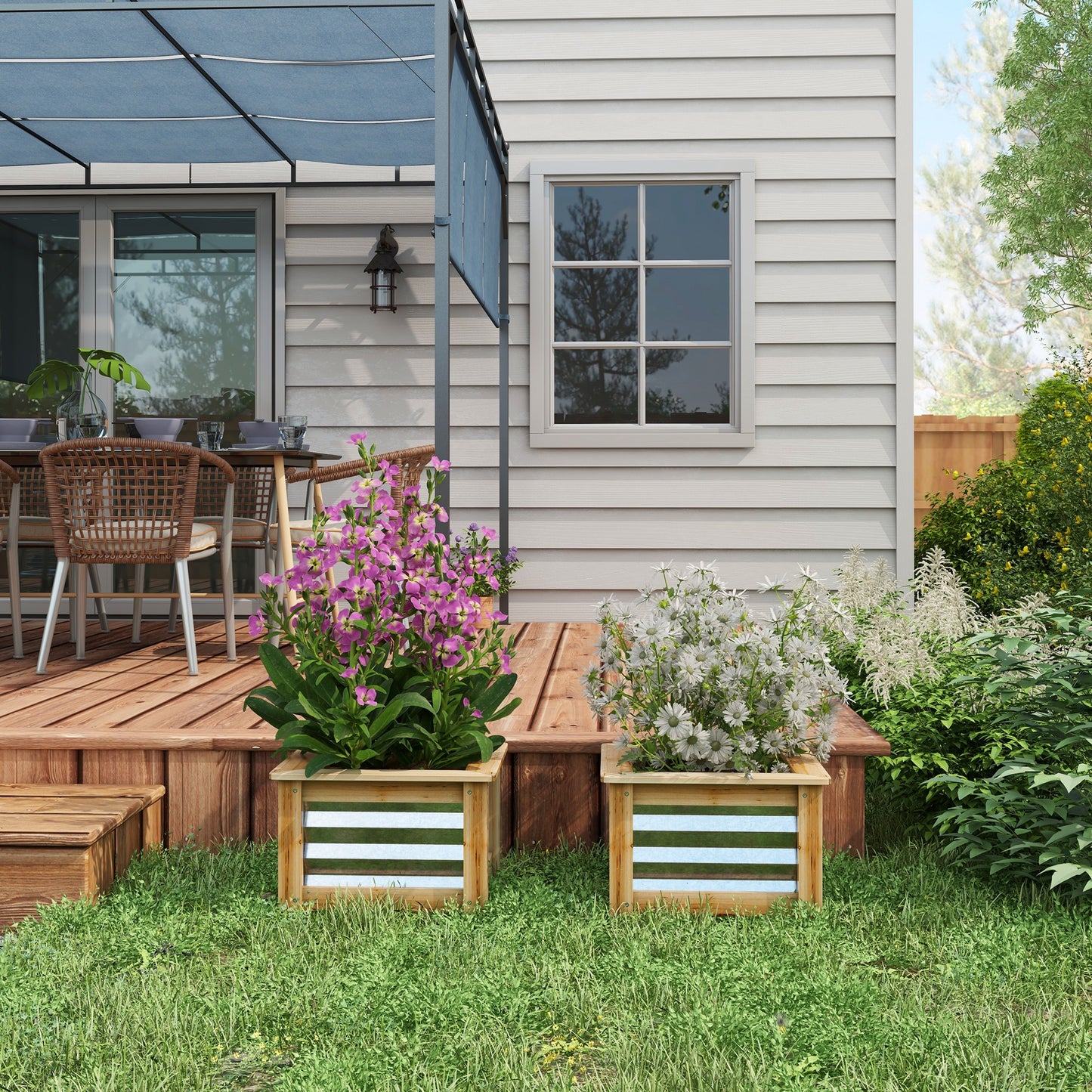 Set of 2 Raised Garden Beds with Metal and Wood Frame - Outdoor Planter Boxes for Herbs and Vegetables