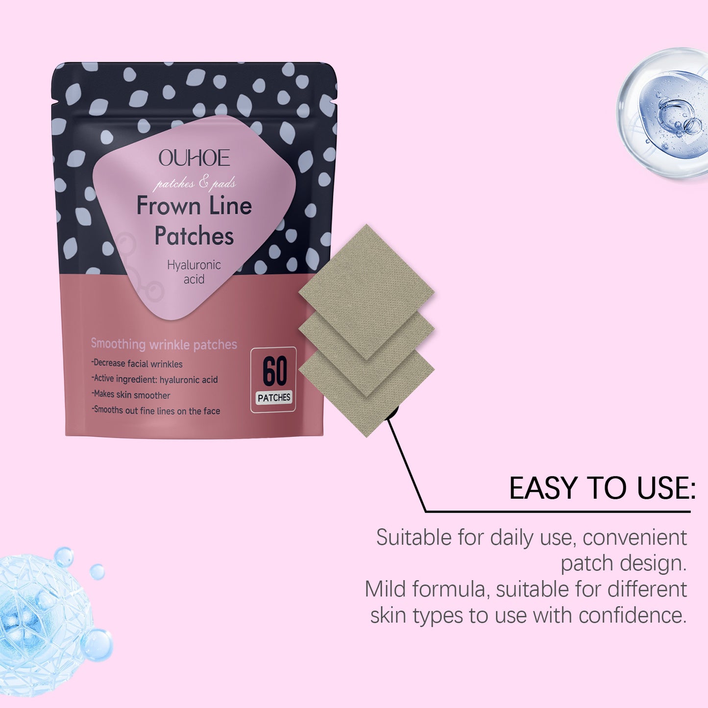 Forehead Smoothing Face Patches - 60pcs Hyaluronic Acid Anti-Aging Care