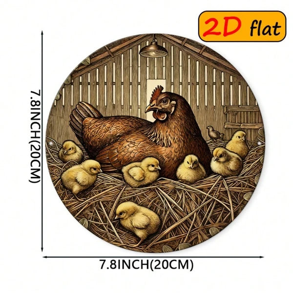 2D Flat Round Hen and Chick Metal Sign - 7.87 Inch Outdoor Decor