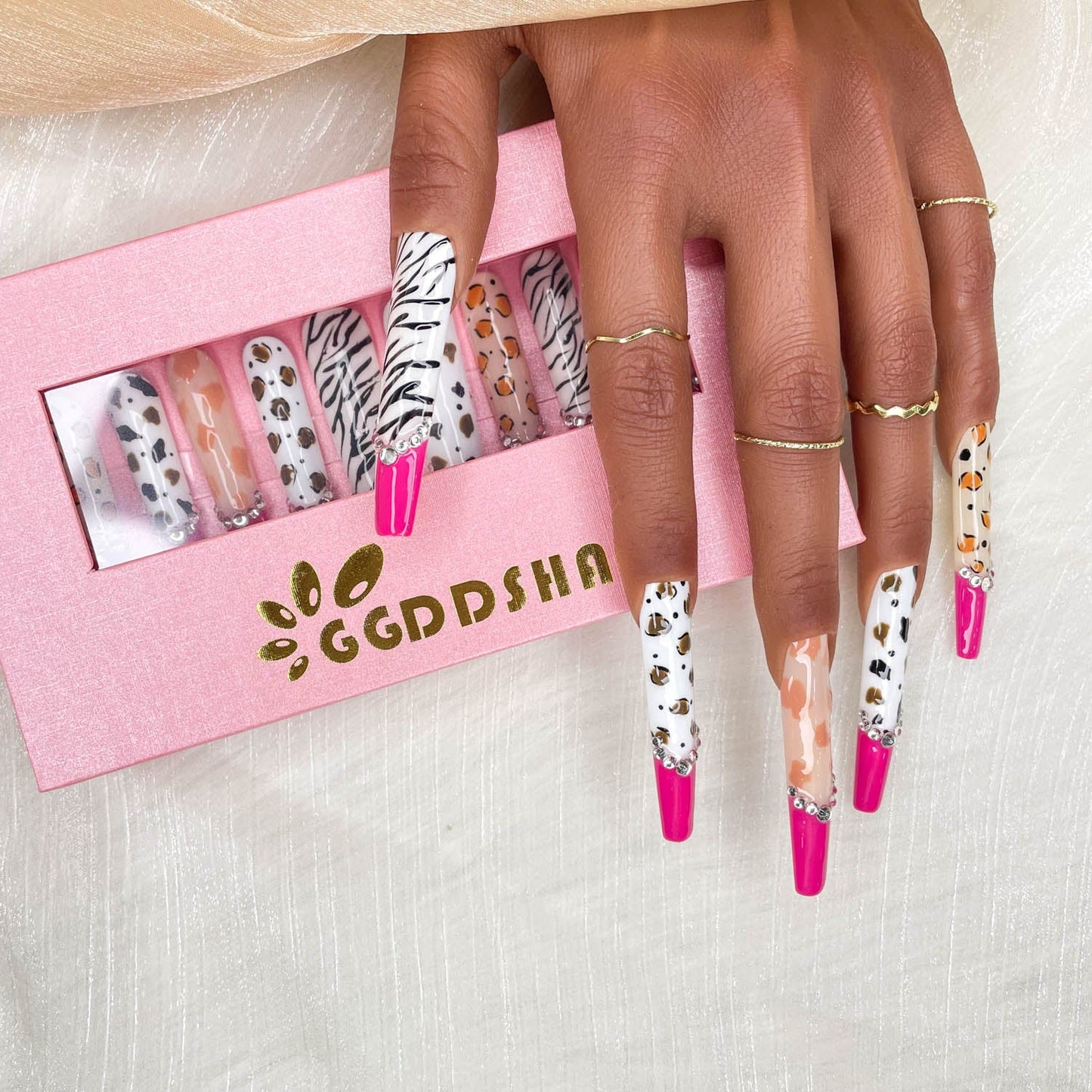 Handmade Press-On Nails - Extra Long Stiletto Glitter Diamond Zebra - Size M