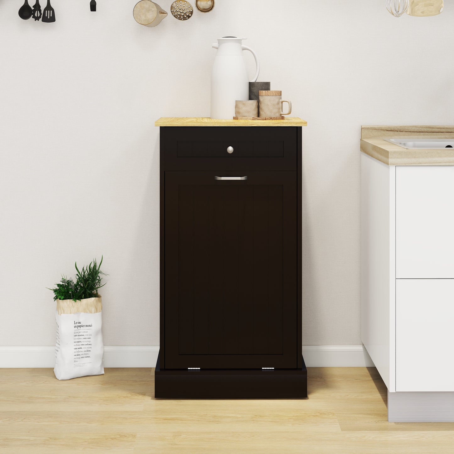 Tilt-Out Trash Cabinet with Drawer - Black MDF Kitchen Storage