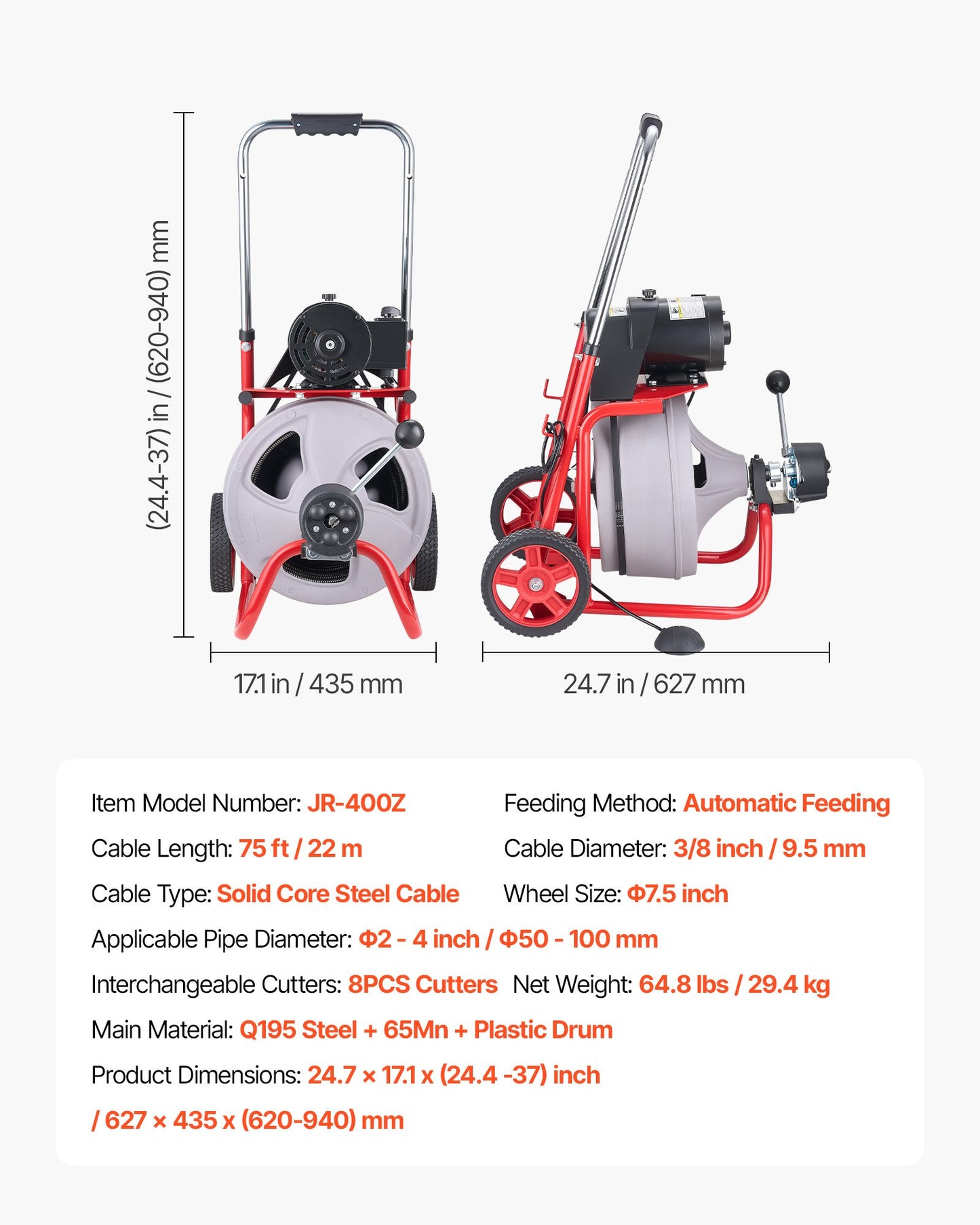 Drain Cleaner Machine 75FT Auto Feed Sewer Snake with 8 Cutters & Foot Switch