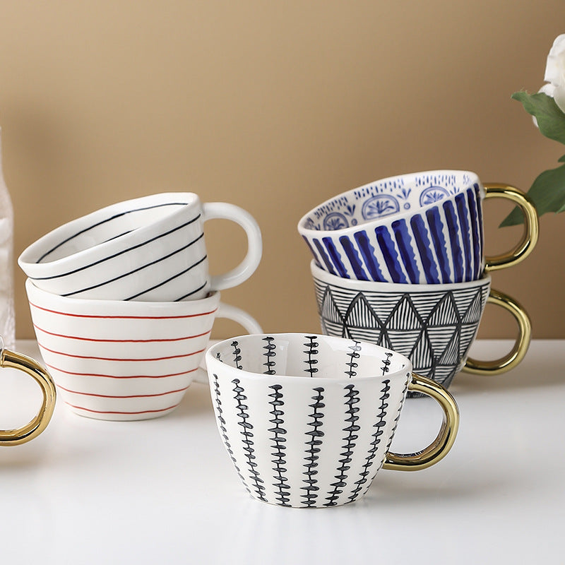 Japanese Geometric Ceramic Mug - Wide Mouth Hand-Pinched 330ml Drinkware