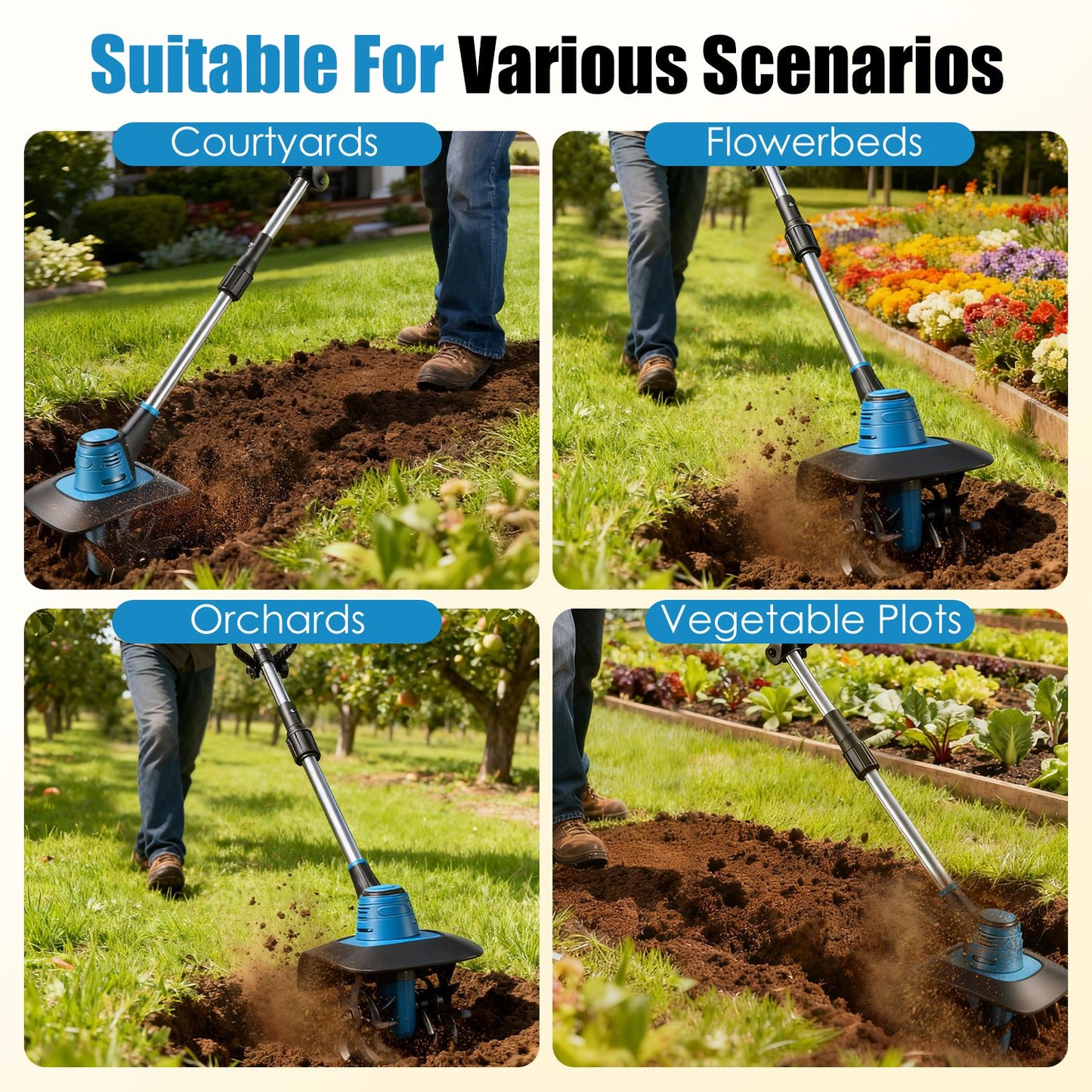 Cordless 800W Garden Tiller Cultivator with 3.0Ah Battery for Soil & Weeding