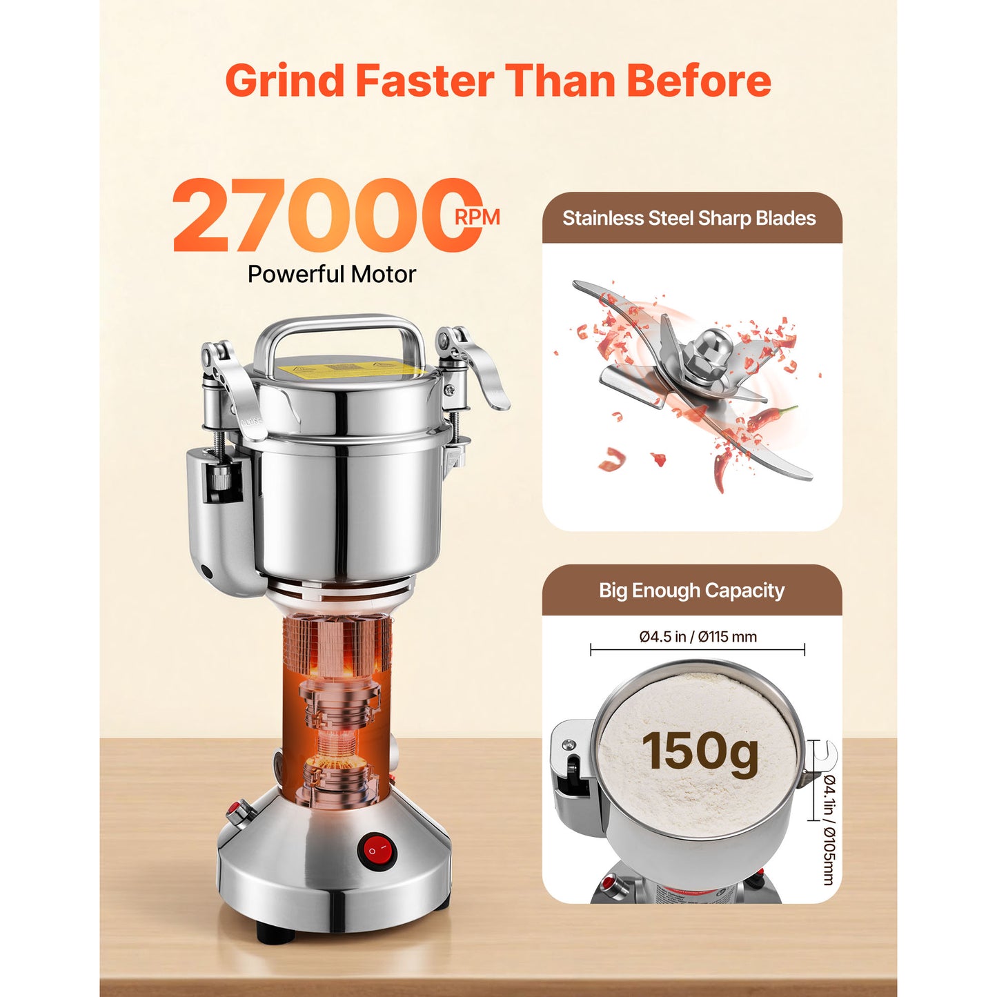 Electric Grain Mill Grinder 0.3 Lb Commercial Spice & Powder Pulverizer 850W Stainless Steel