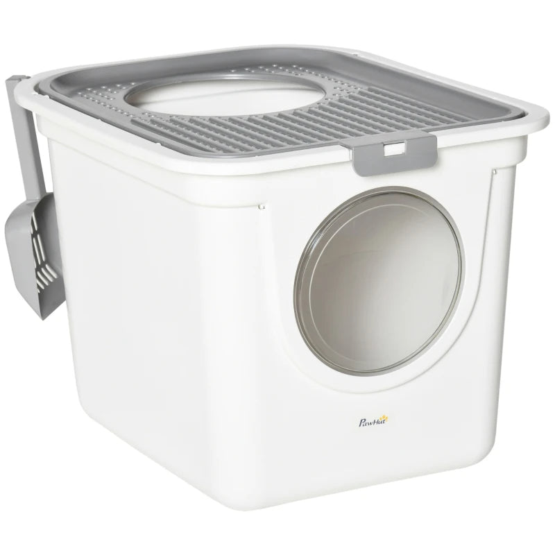 Covered Cat Litter Box with Front Entrance and Top Exit - Odor Control, Scoop, White