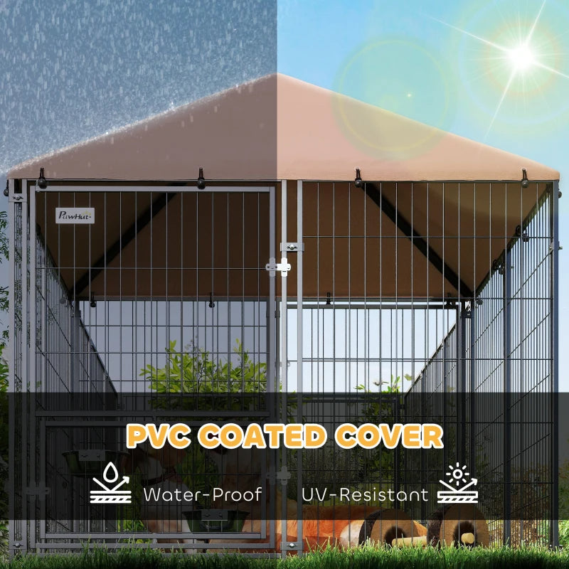 Large Outdoor Dog Kennel with Rotating Adjustable Feed Bowls Waterproof Canopy