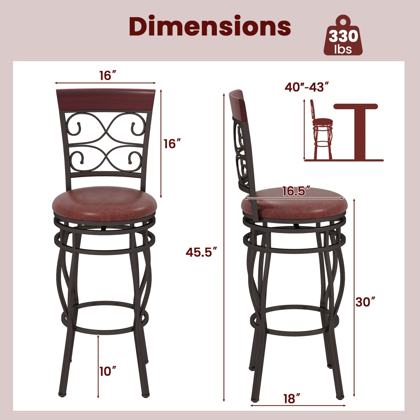 30-Inch Swivel Bar Stools with Leather Padded Seats - Brown Set of 2