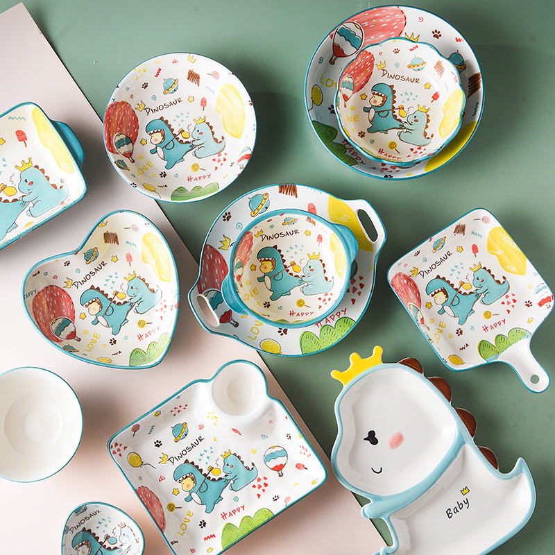 Cartoon Ceramic Dish Set with Dinosaur Pattern - Kitchen Tableware Collection