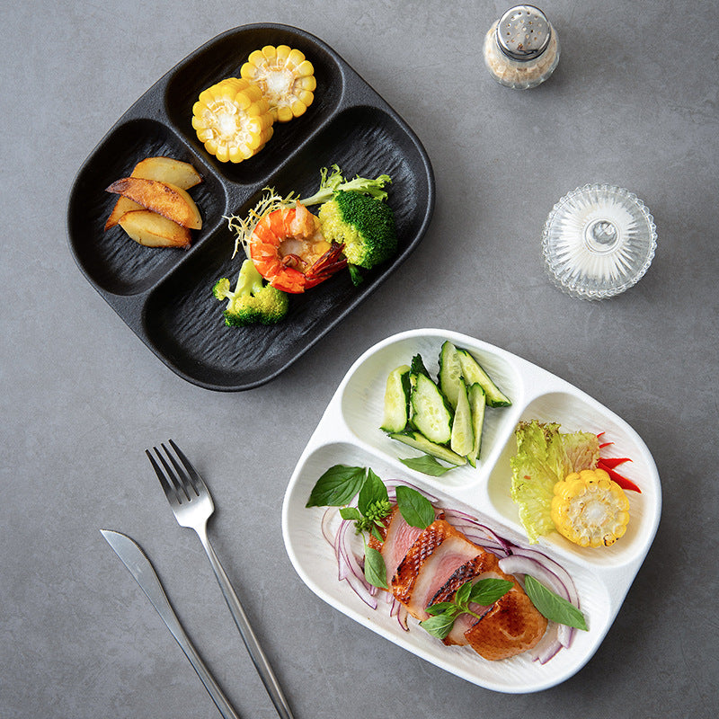 Porcelain Divided Plate for Weight Loss, 8.5 Inch Square Breakfast Dish for Fat Reduction