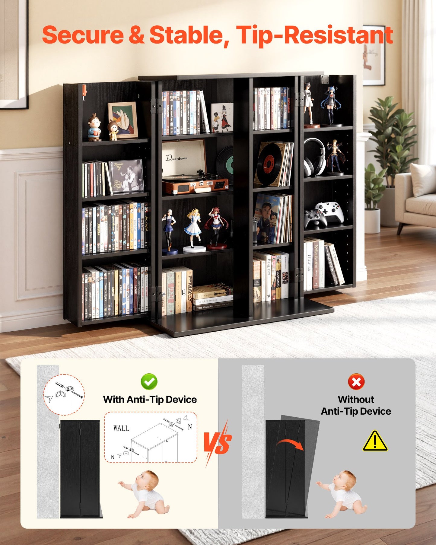 Media Storage Cabinet 4-Tier DVD Shelf Organizer for CDs, DVDs, Books – Black