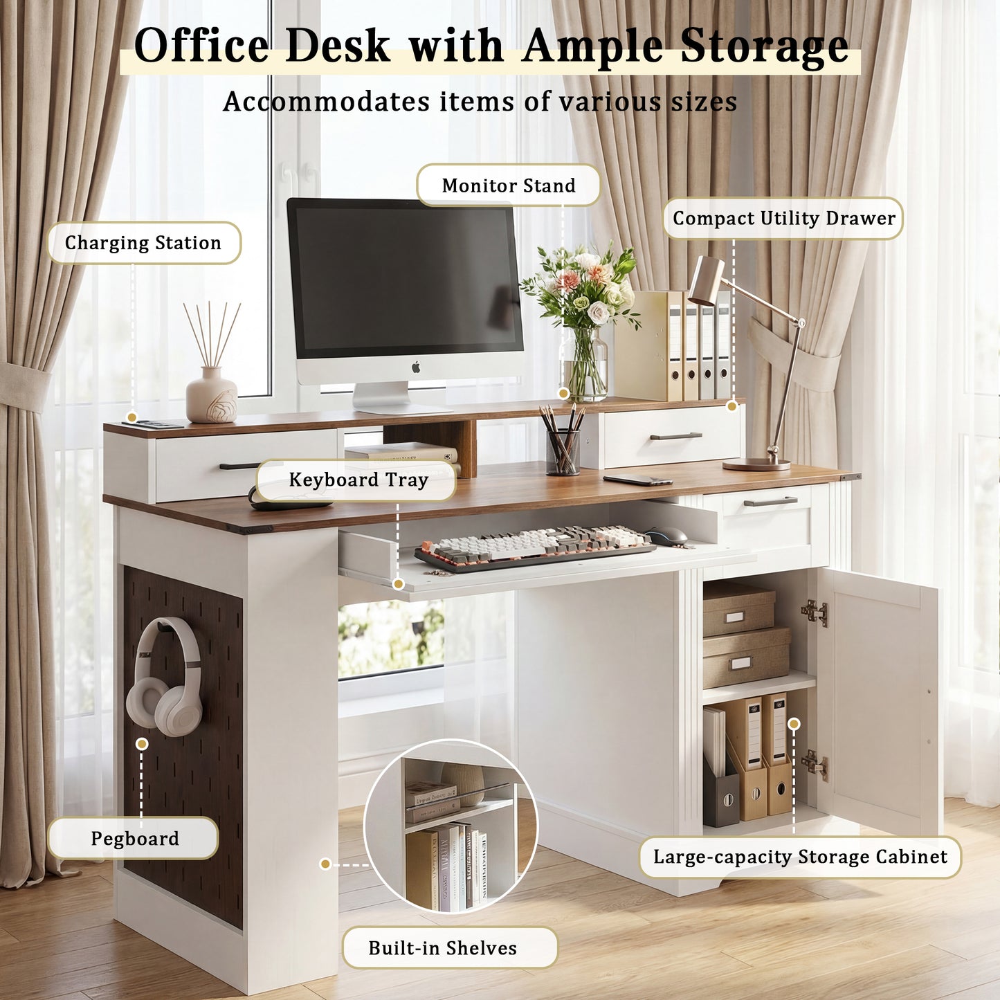 55" Farmhouse Office Desk with Storage & Charging Station - White
