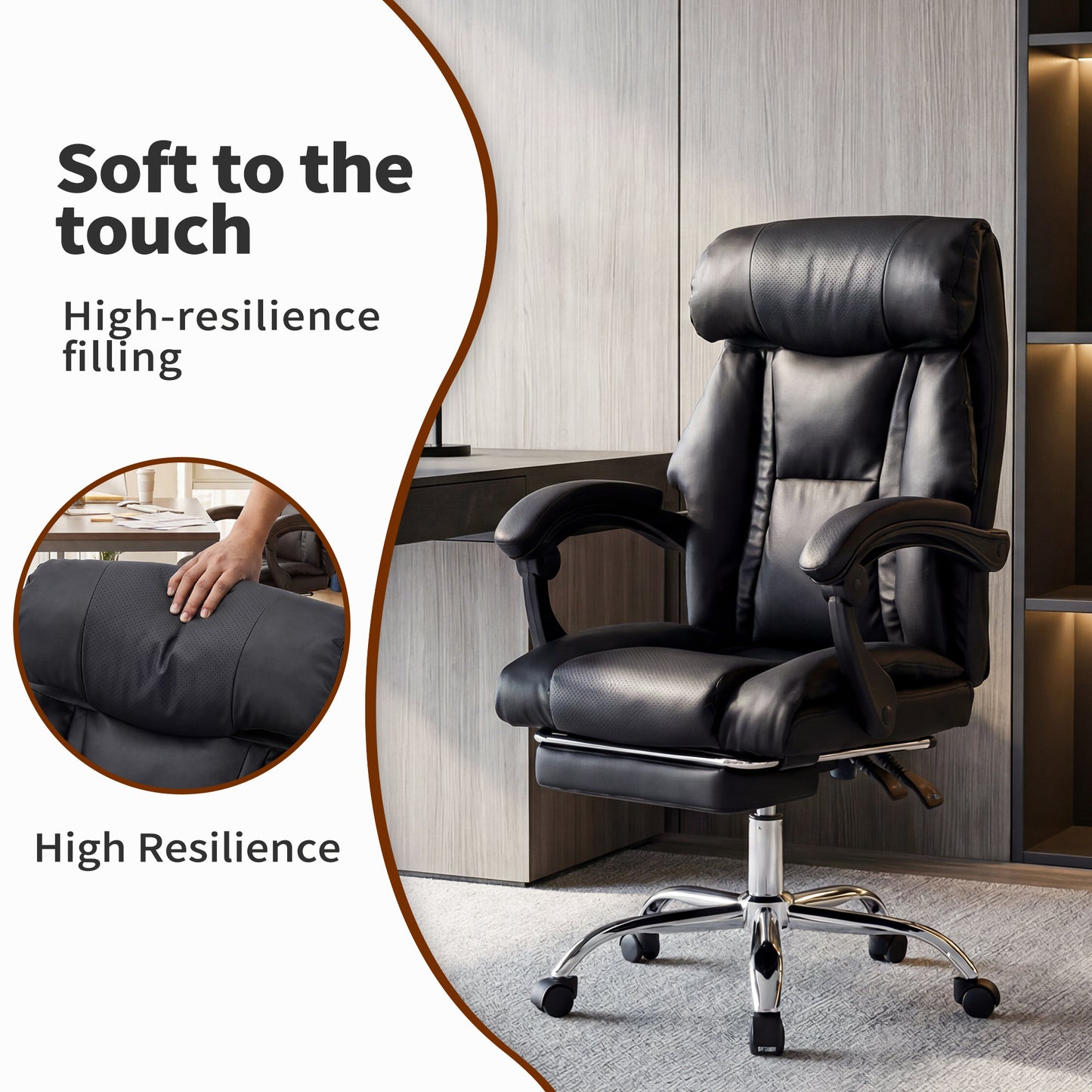 Adjustable Height Executive Office Chair with Foot Rest - Black