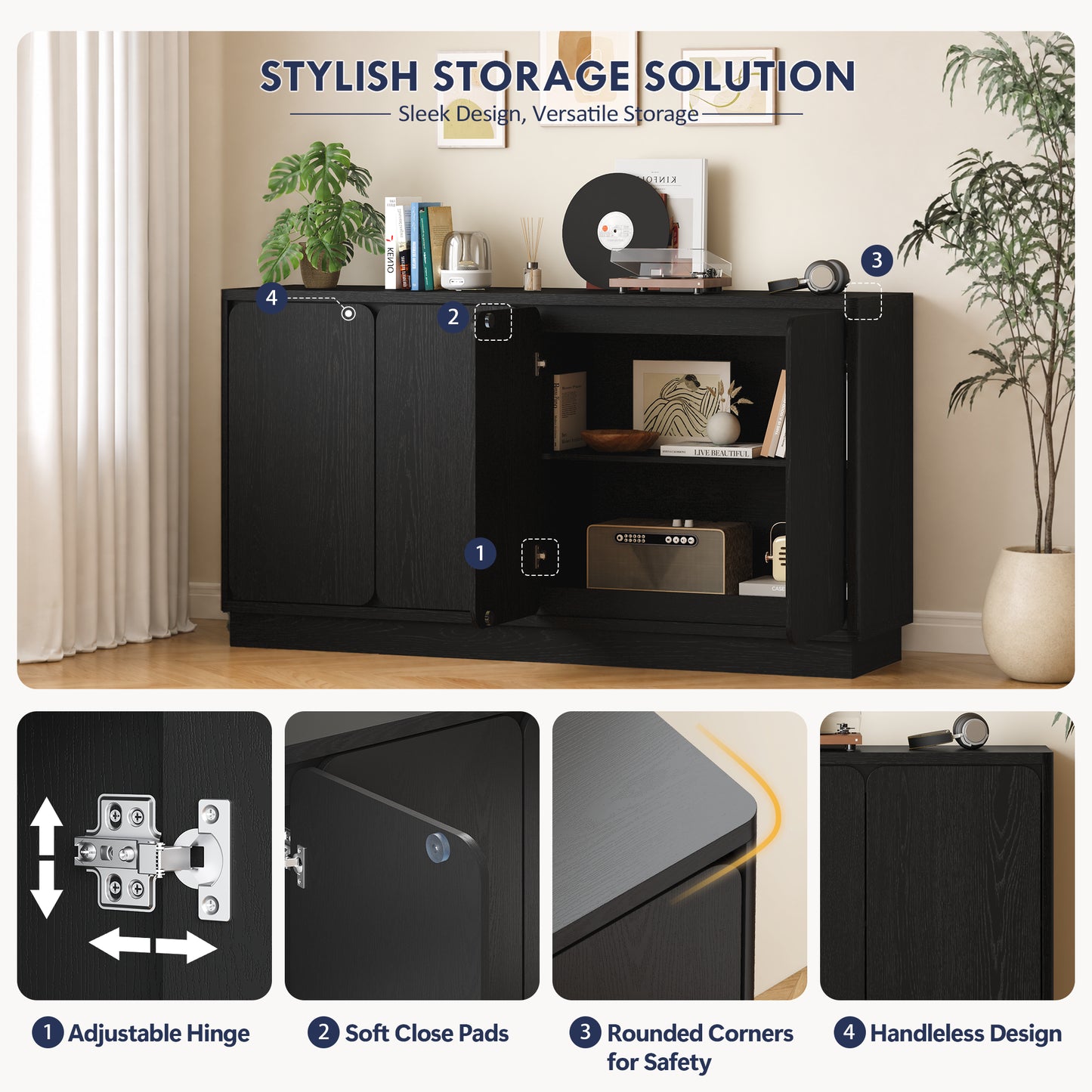59.1-Inch Black 4-Door Sideboard Buffet Cabinet with Adjustable Shelves