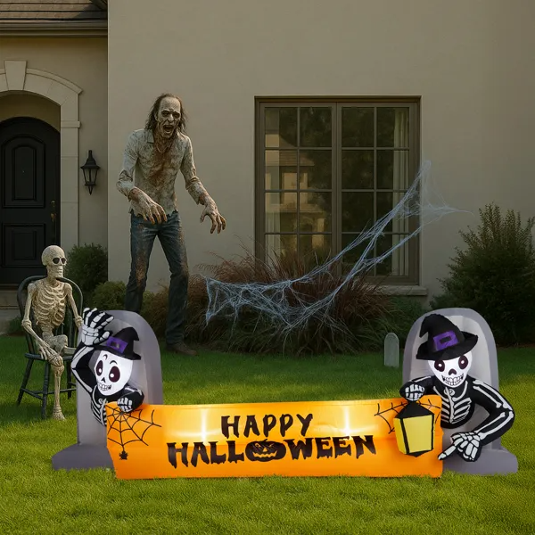 9.6FT Halloween Inflatable Skeleton Tombstone Banner with LEDs