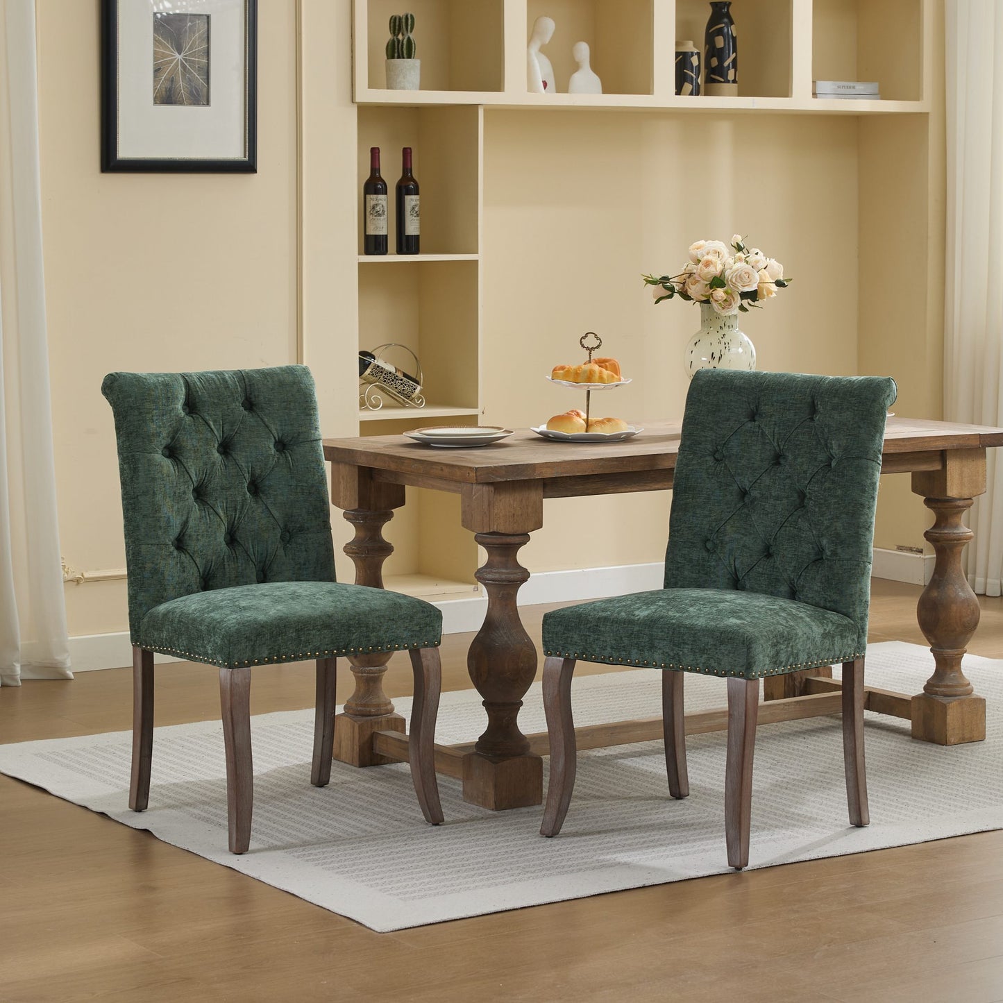 Upholstered Chenille Fabric Accent Dining Chair, Curved Solid Wood