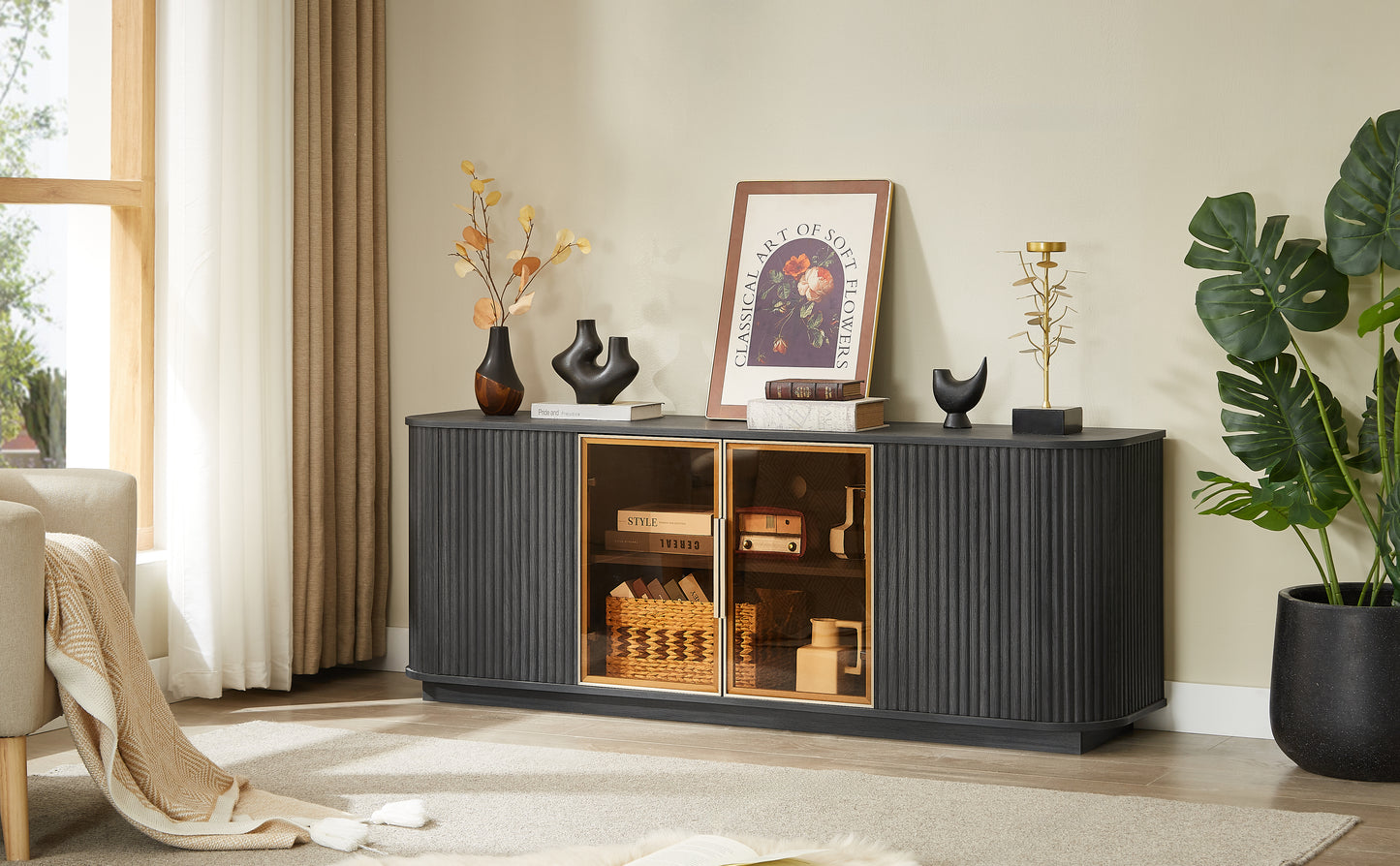 64-Inch Wavy TV Cabinet with Tempered Glass Doors - Black