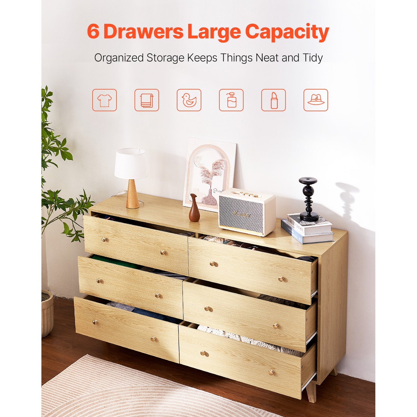 6-Drawer Wooden Dresser with Sliding Doors - Modern Bedroom Closet Storage