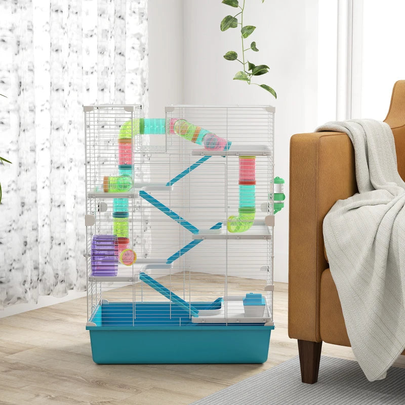 Multi-Tier Hamster Cage with Tubes and Accessories - Light Blue