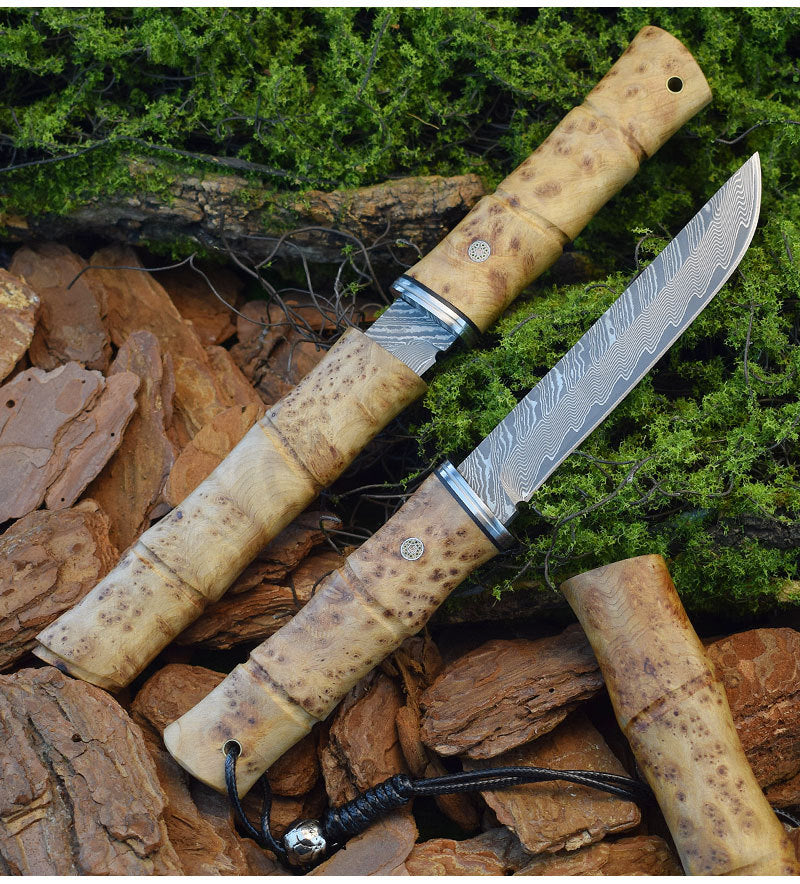 Handmade Damascus Steel Tactical Camping Knife with Red Shadow Wood Handle