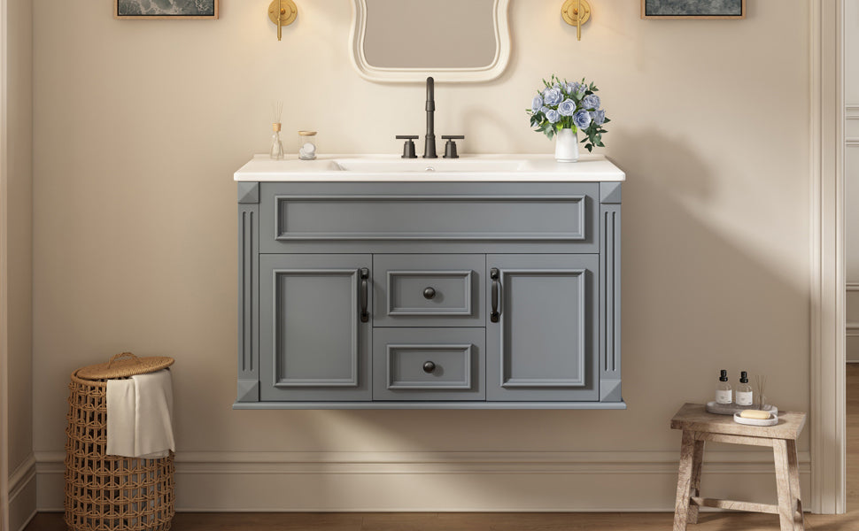 36-Inch Wall-Mounted Bathroom Vanity with Ceramic Sink - Gray