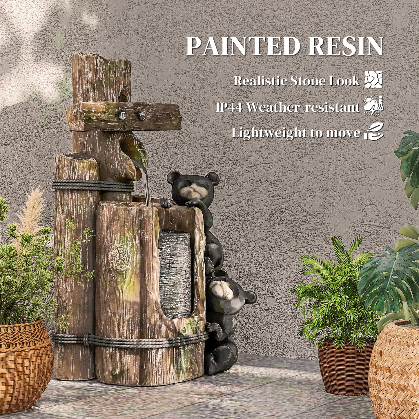Outdoor Water Fountain with LED Lights and 3 Tiers - Rustic Resin Bears, 22.8 Inches