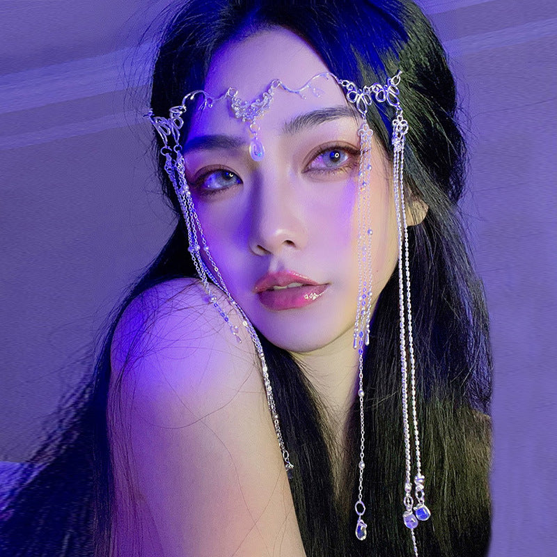 Ancient Style Tassel Headdress Hair Accessory with Forehead Ornament - Silver