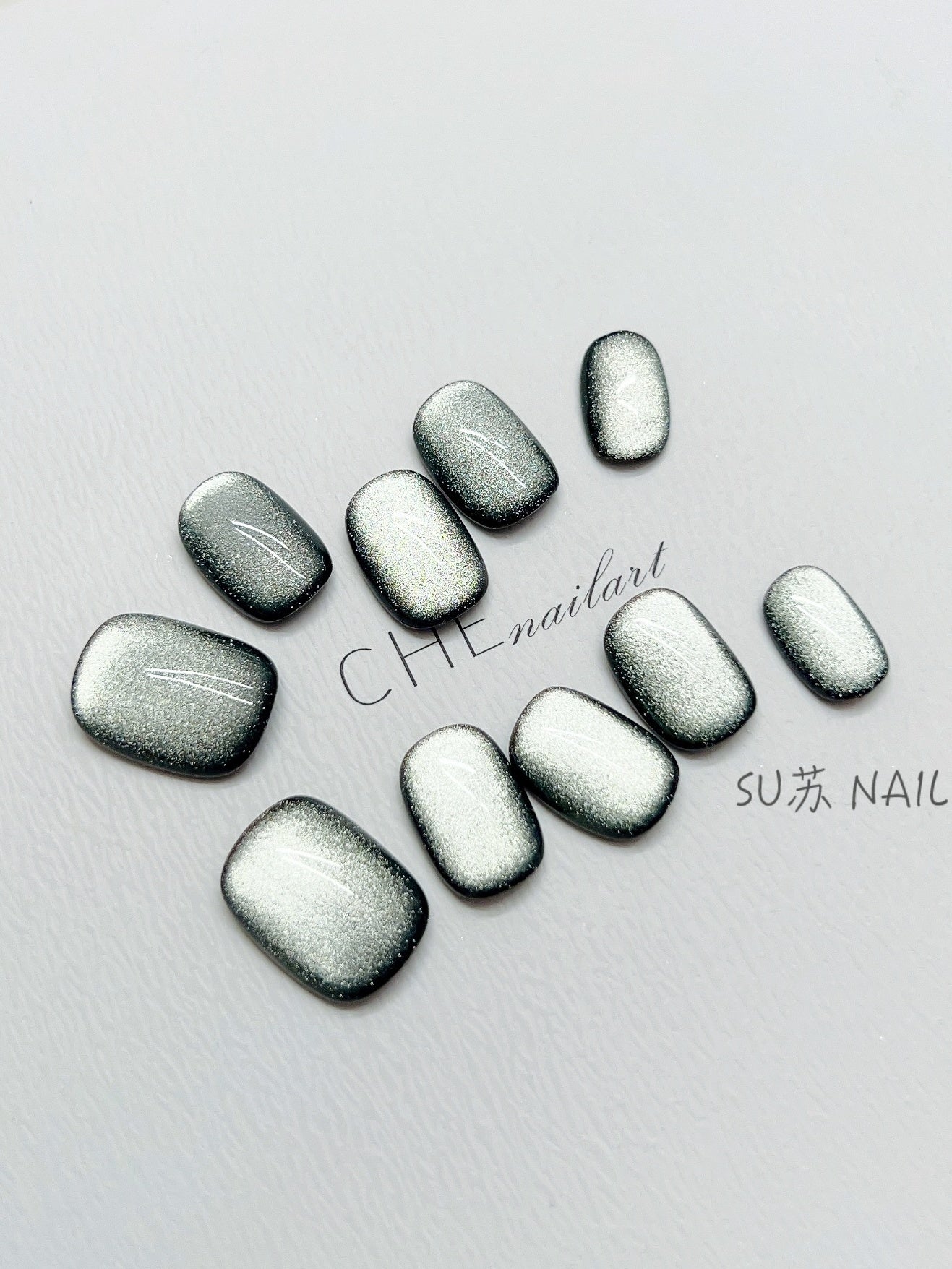 Dark Green Cat's Eye Nail Art Film Set - Short Square & Circle Shapes