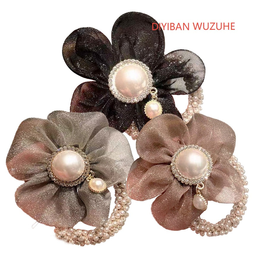 Elegant Pearl Flower Hair Scrunchie - Handmade Fabric Hair Band