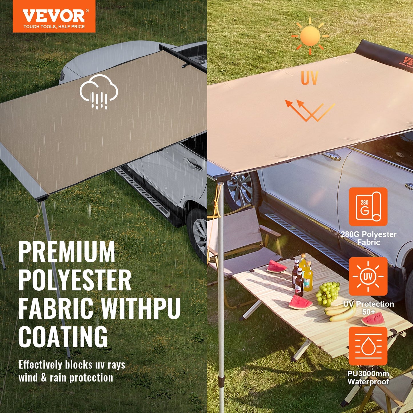 Large Car Side Awning 6.6x8.2 ft UV50+ Waterproof Retractable Sunshade for Truck SUV Van