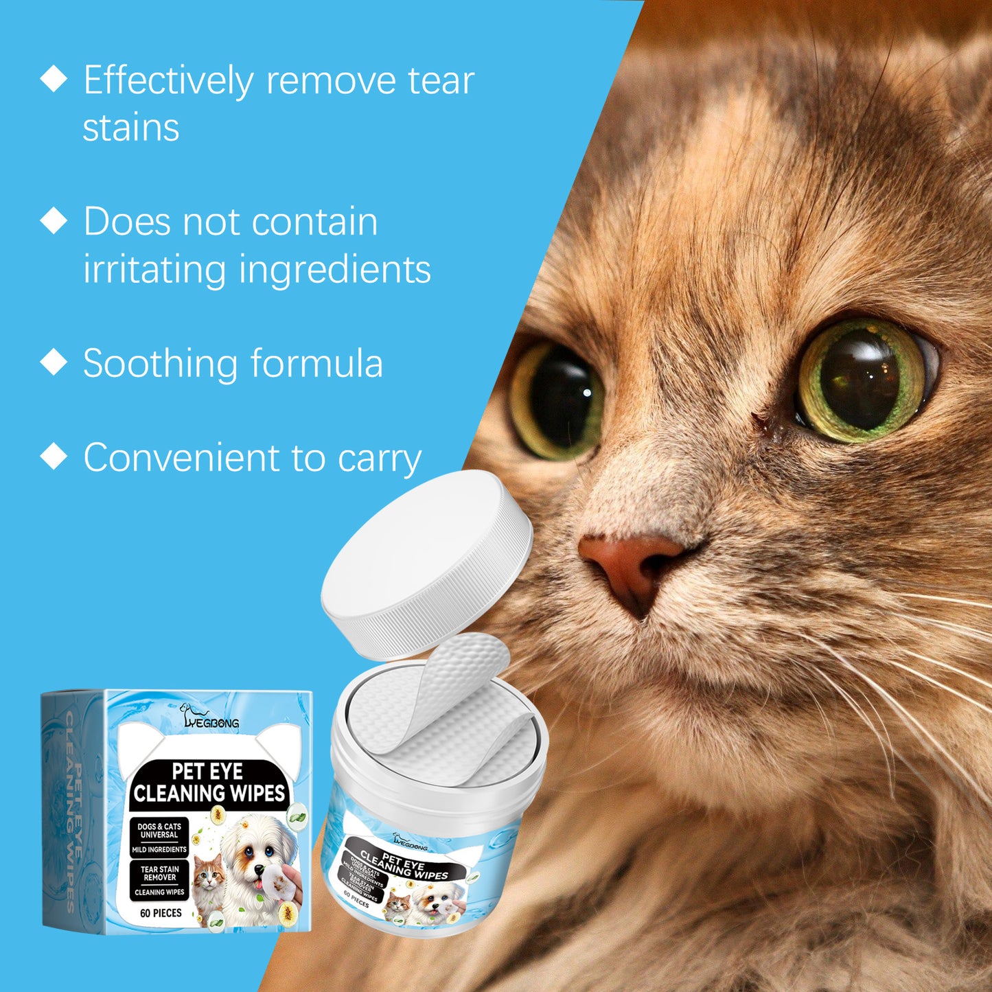Pet Eye Cleaning Wipes for Dogs & Cats - Tear Stain Remover Pads, 60 Count